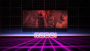 霓虹網格地板，帶有發光的「RAGE!」文字和紅色監視器的數位場景。
