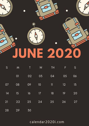 2020年6月日曆，深色背景上漂浮的背包和指南針。