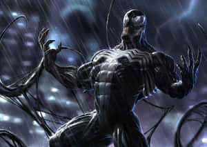 Venom 在暴雨中，背後有發光的城市燈光