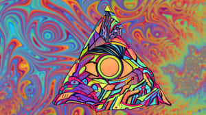 一個色彩繽紛的抽象金字塔，在迷幻背景上帶有旋轉圖案。 — 湖 壁紙