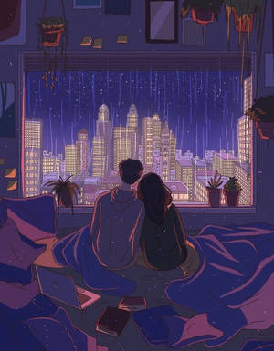 情侶在床上依偎，看著夜間城市天際線上的雨