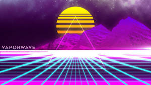 Vaporwave場景，帶有霓虹網格、紫色山脈和條紋太陽。