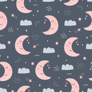深灰色背景上的粉紅色微笑月亮、星星和雲朵。