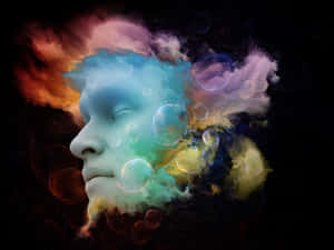 一張平靜的臉龐，被色彩繽紛的宇宙雲彩和發光的氣泡包圍。 — 夢境 GIF 壁紙