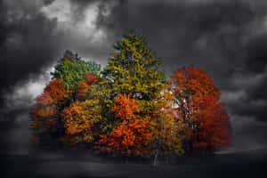 秋樹在黑暗的暴風雨天空下閃耀著紅色、橙色和綠色的葉子。