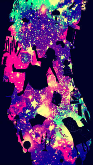 一個女孩剪影漂浮在色彩繽紛的宇宙場景中，有書本和星星。