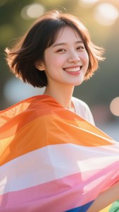 一位快樂的年輕女性在明亮的陽光下戶外手持彩虹旗。