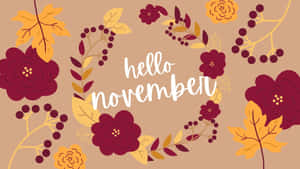 秋季花卉花環，帶有白色 hello november 文字。