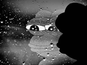 Pepe the Frog望出落雨嘅窗戶，旁邊有一個黑色剪影。