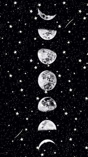 垂直月相，背景為繁星點點、流星劃過的夜空。