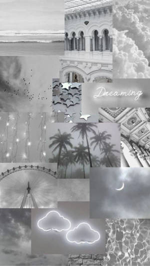 單色拼貼畫，包含雲朵、建築、棕櫚樹和霓虹雲，帶有「Dreaming」文字。
