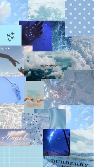 一個藍色調拼貼畫，以天空、雲朵、星星、手部和浪漫文字片段為特色。