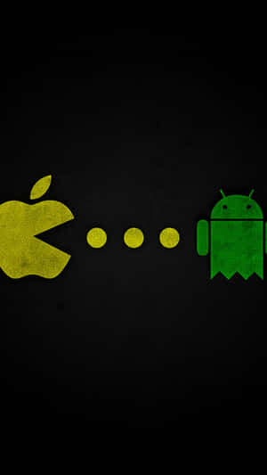 黃色Apple標誌在深色背景上以Pacman風格追逐綠色Android鬼魂。