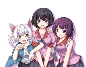 三個戴著貓耳、穿著校服的動畫女孩一起微笑。