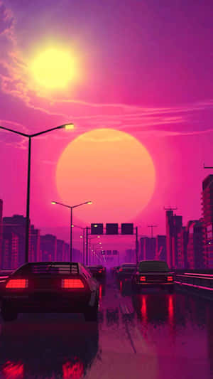 汽車在潮濕的城市高速公路上行駛，夕陽下巨大的橙色太陽。