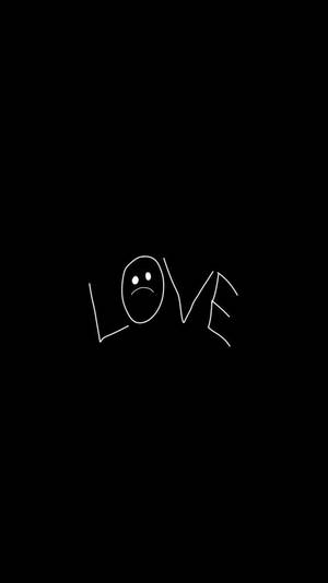 黑色背景上以白色繪製的 LOVE 字樣，帶有悲傷的表情。