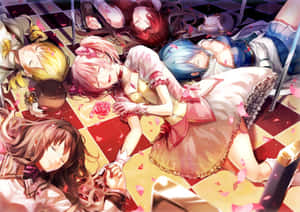 五個穿著校服的動漫女孩在方格地板上睡覺，玫瑰花瓣飄落。 — 魔法少女小圓 壁紙