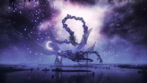 一隻紫色龍，擁有發光的翅膀，站在星空暮光天空下的沼澤中。