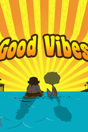 兩個人在明亮太陽下坐在水中，帶有「Good Vibes」文字。