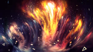 一場熾熱的宇宙爆炸，帶有發光粒子和漂浮的三角形。