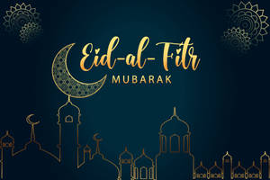 深藍色背景上帶有金色新月和清真寺輪廓的Eid-al-Fitr Mubarak祝福。