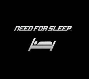 黑色背景上帶有床圖標的銀色「Need for Sleep」標誌。