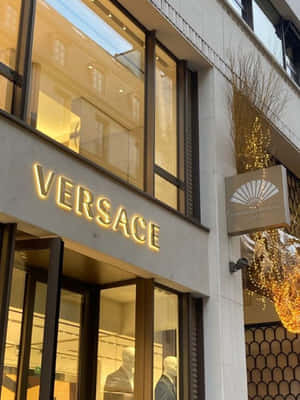 Versace豪華時裝店入口，金色燈光和模特兒在黃昏時分。