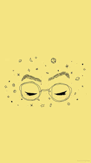 黃色背景上，被宇宙塗鴉環繞的戴眼鏡閉眼。
