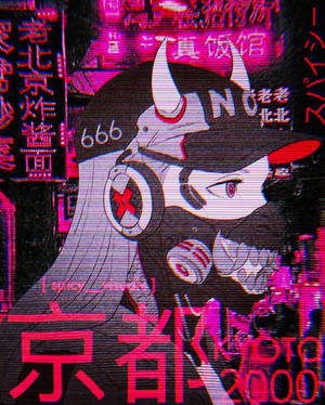 有角和耳機的動漫女孩，在帶有日文字的霓虹賽博龐克城市中。 — 風景動圖 壁紙