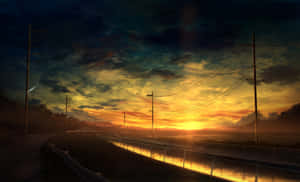 鄉村道路上的日落，電線和鐵絲網圍欄。 — 動漫風景 壁紙