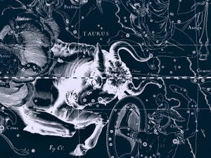 復古星圖，顯示金牛座星座及神話人物，並標示星座。