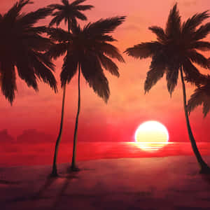 棕櫚樹在平靜的海面上映襯著鮮紅的日落剪影。 — 夏日氣息 壁紙