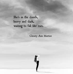 一個孤獨的女人站在荒蕪的白色風景中，天空多雲，帶有疊加的詩歌。