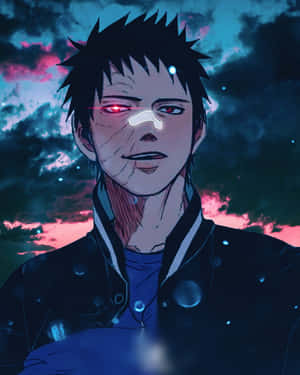 動漫男孩發光紅眼睛和白鼻子，黃昏天空背景 — 美學 壁紙