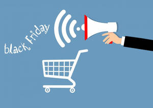 手拿擴音器向購物車圖示大喊black friday。