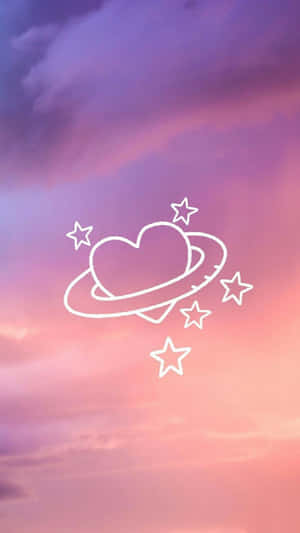 一個心形行星，帶有光環和星星，在粉紫色的天空中。