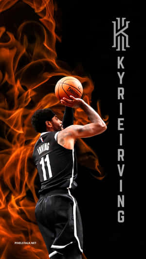 Kyrie Irving 在熾熱背景下投籃籃球。