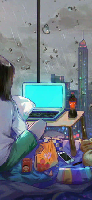 下雨的城市日落時分，床上的人與手提電腦和貓咪。 — Moto G Play (2026) 壁紙