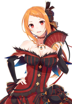 穿著紅色和黑色束腰連衣裙手持扇子的動漫女孩。 — 小米18 Fold 壁紙