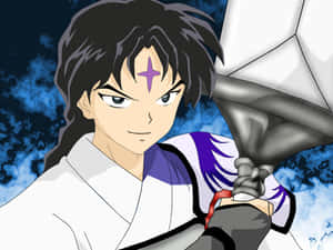 擁有紫色印記的動漫戰士在暴風雨的天空中持劍。 — 武士Champloo 壁紙