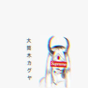 擁有角和紅眼的動漫女孩，戴著 Supreme 標誌口罩，背景是故障彩虹扭曲效果。 — 黑川伊佐那 壁紙