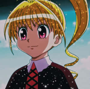 擁有金髮和粉紅色眼睛的動漫女孩，穿著星星圖案的校服。 — 獵人 壁紙