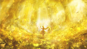 穿著金色連衣裙的動漫女孩站在一個神奇的發光森林中，落葉飄飄。 — 動漫角色 壁紙
