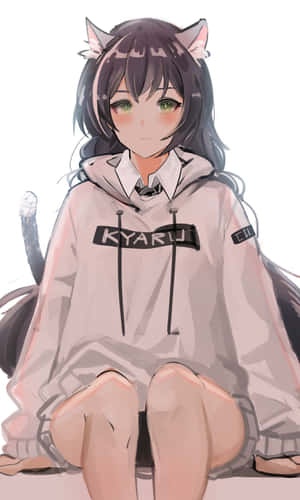 有貓耳朵和尾巴的動漫女孩穿著連帽衫。 — 可愛動漫女仔 壁紙