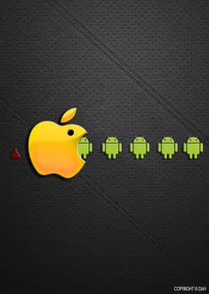 Apple標誌在黑色皮革紋理上吃掉Android人物。