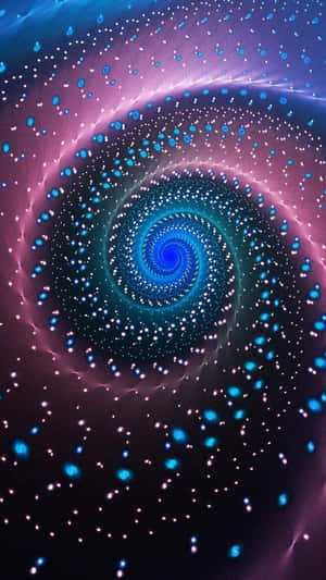 一個旋轉的螺旋星系，帶有發光的藍色和粉紅色星星。