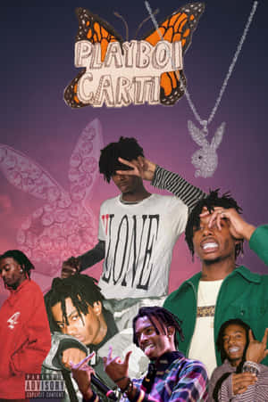 Playboi Carti 拼貼畫，包含蝴蝶和鑽石Playboy兔子圖案。