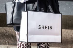 人在混凝土階梯上拿著Shein購物袋和黑色手提袋。
