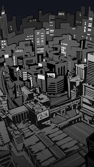 黑白插圖的城市夜景，帶有發光的窗戶和高樓大廈。
