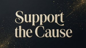 深色背景上金色的「Support the Cause」文字，帶有閃爍粒子